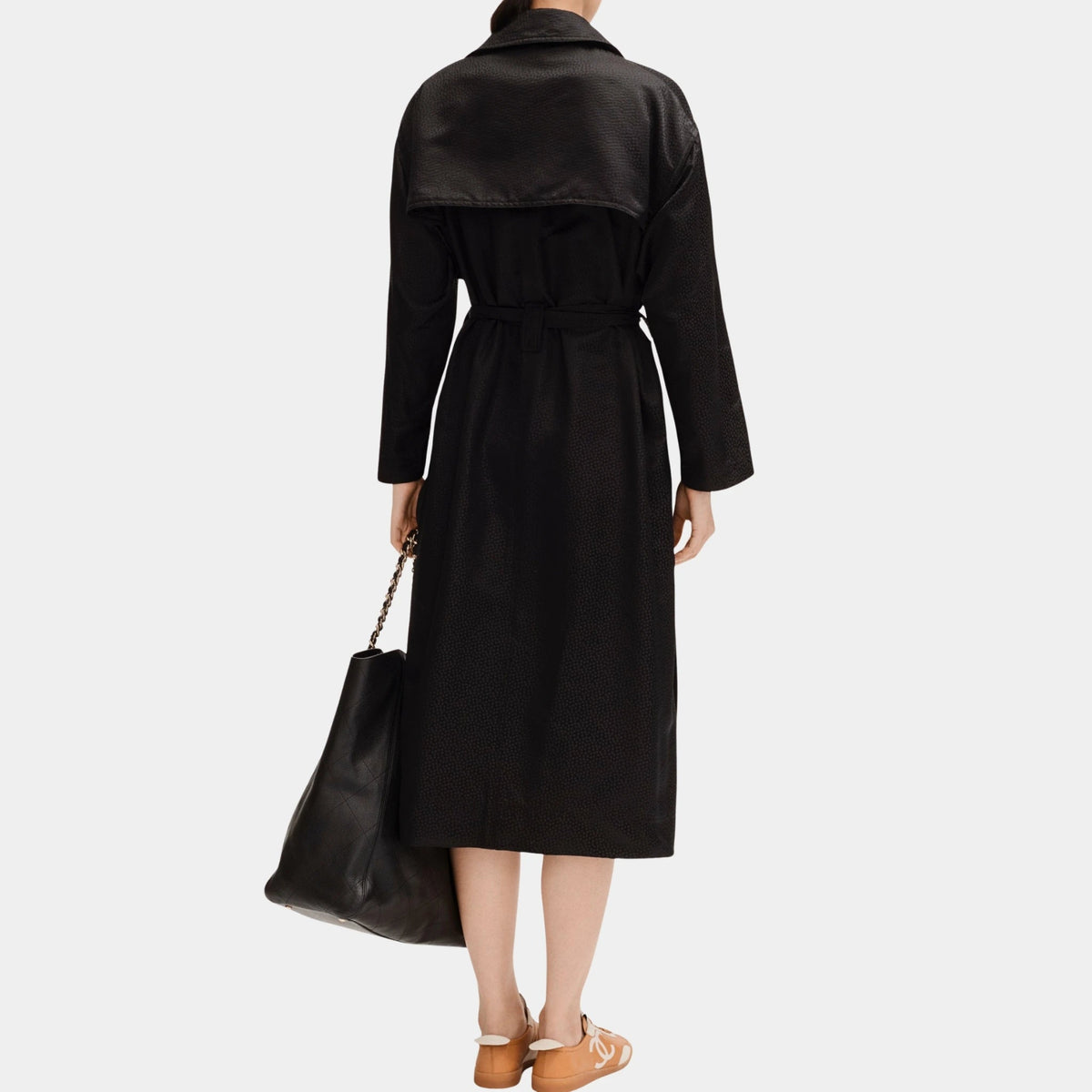Black Trench Coat in Silk Jacquard Satin