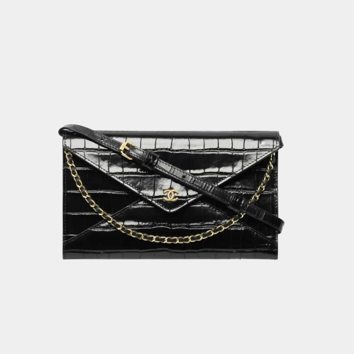 Clutch with Leather Strap in Crocodile Embossed Calfskin