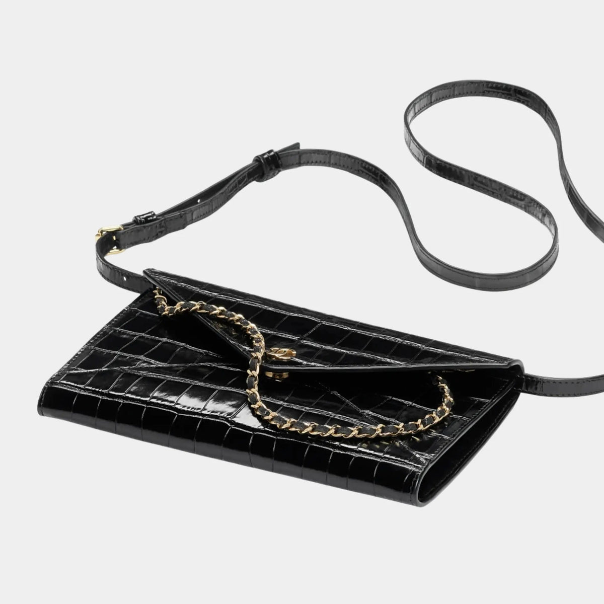 Clutch with Leather Strap in Crocodile Embossed Calfskin