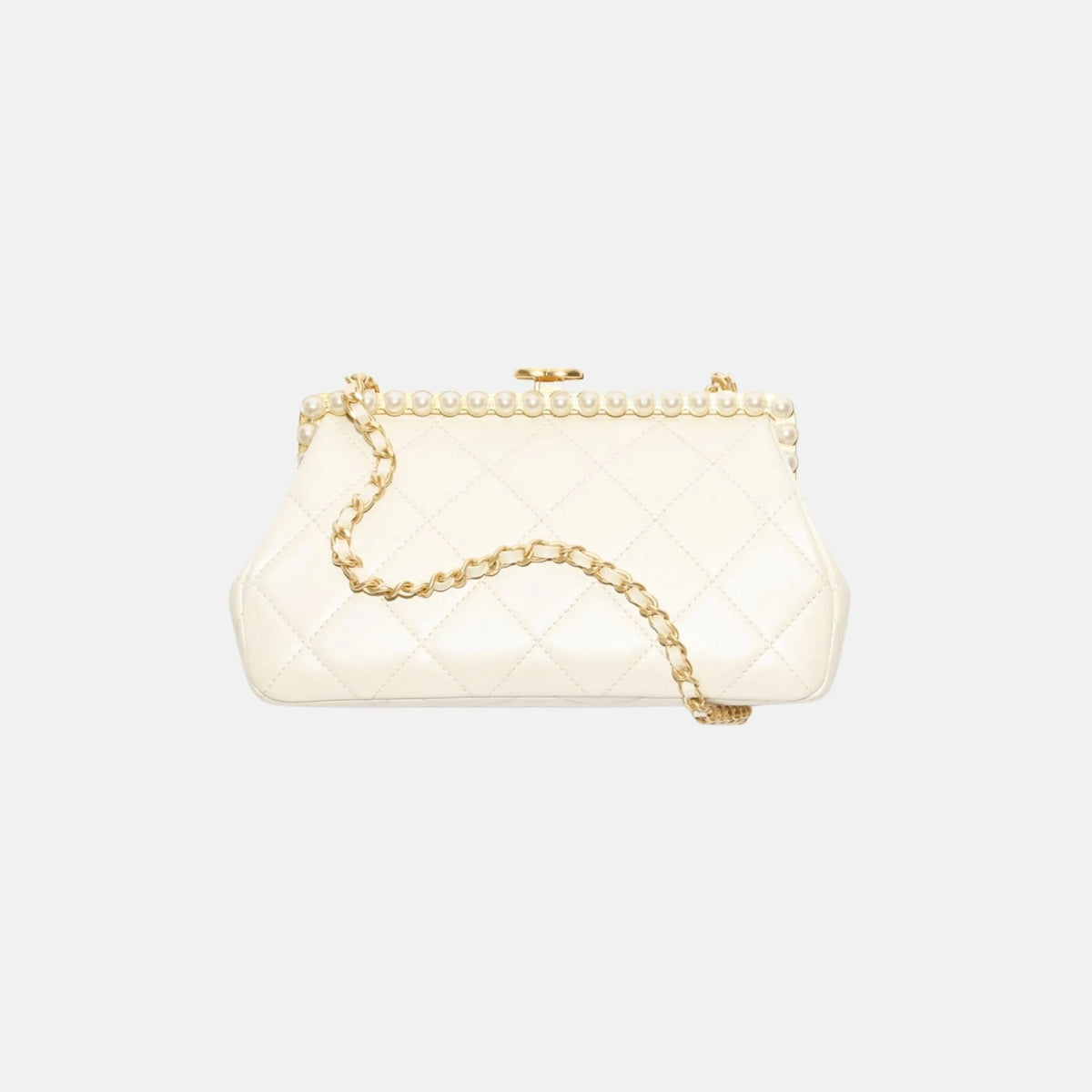 Clutch Pearly Lambskin Imitation Pearls Gold Tone Metal in Light Beige