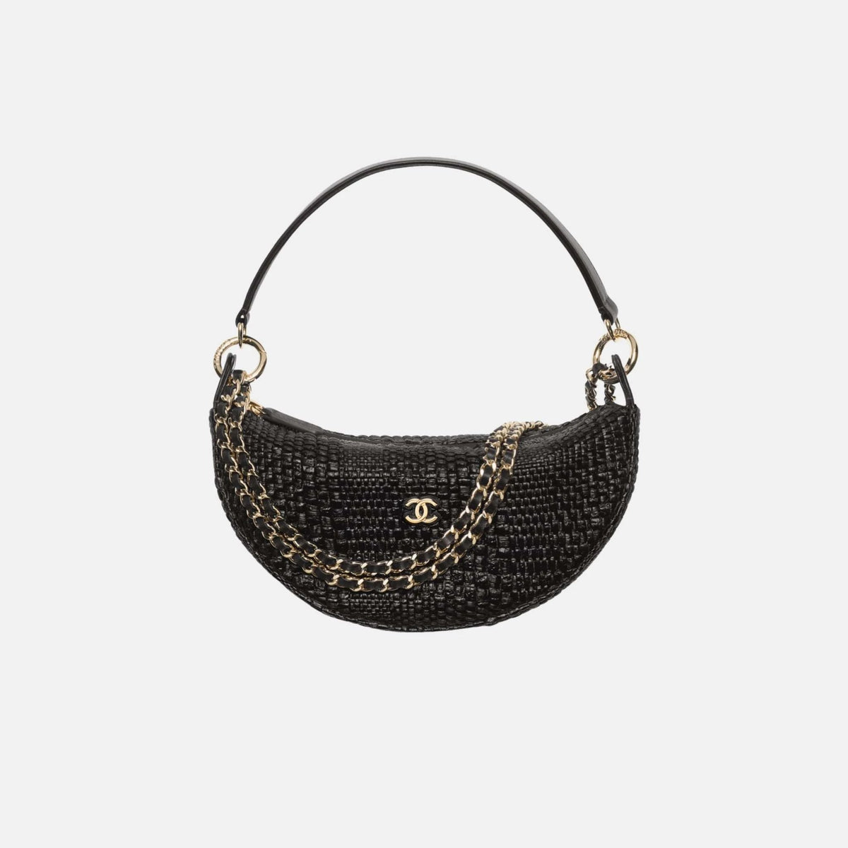Clutch with Chain in Braided Raffia and Gold Tone