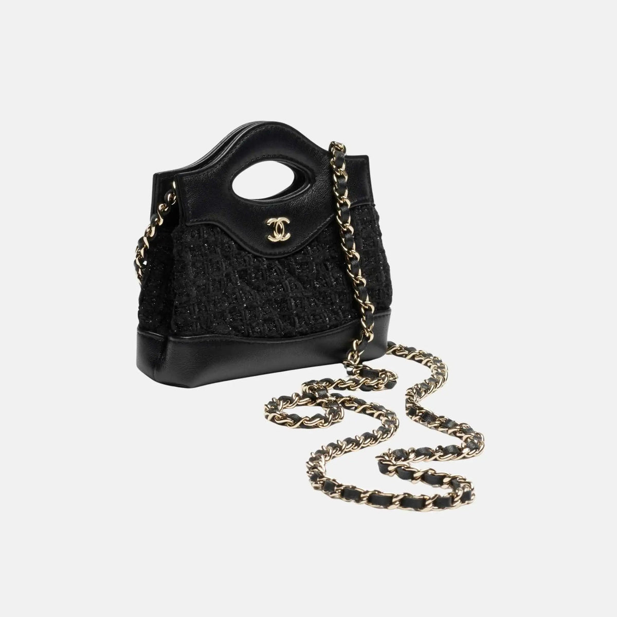 Clutch With Chain Cotton Tweed Shiny Lambskin Gold Tone Metal