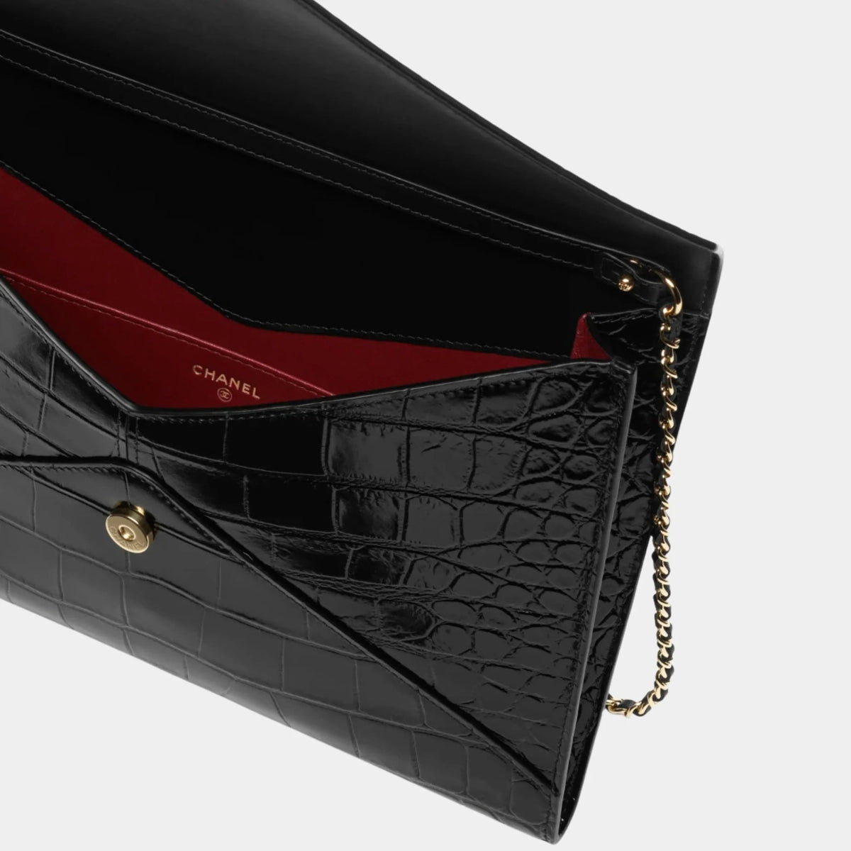 Clutch with Chain in Crocodile Embossed Calfskin & Gold-Tone Metal