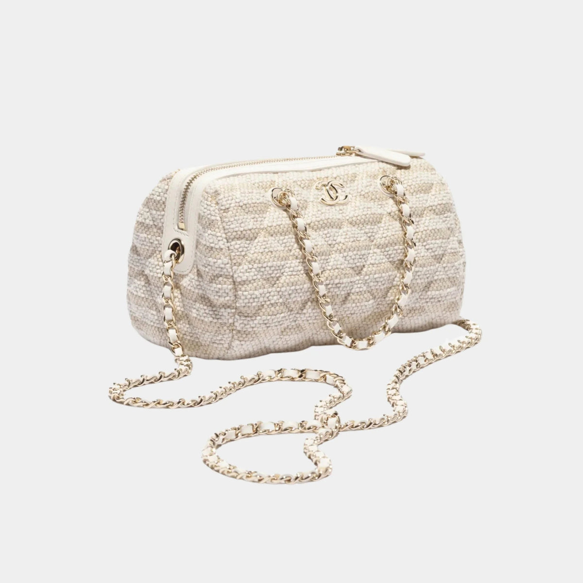Clutch With Chain Printed Fabric & Gold Metal