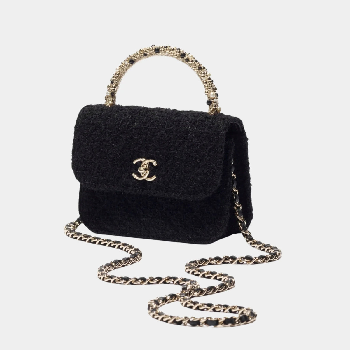 Clutch with Chain Tweed, Pearls & Gold-Tone Metal