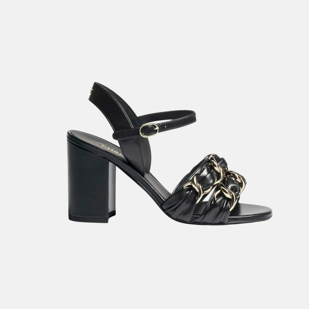 Heeled Sandals in Lambskin with Gold-Tone Chain