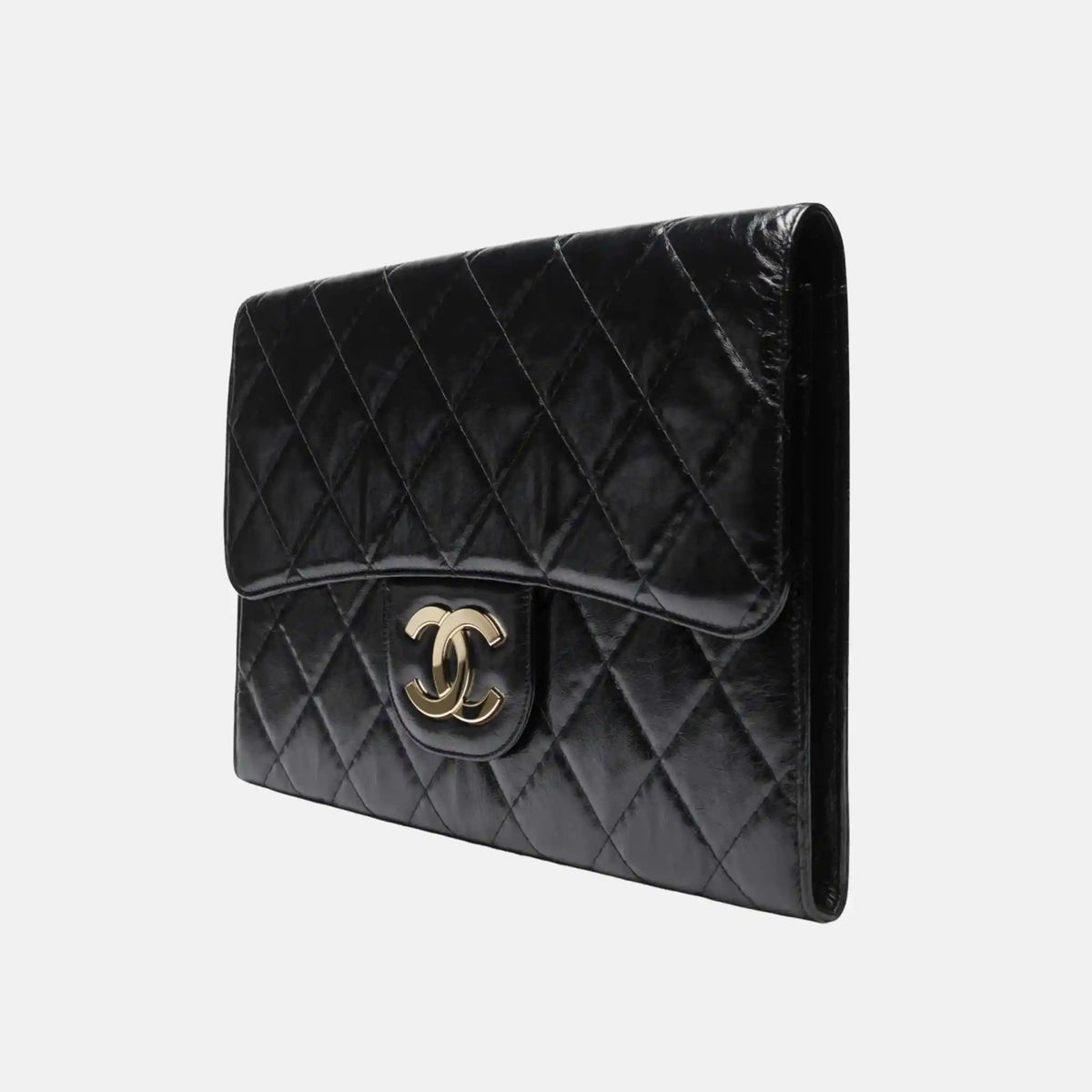 Large Clutch Shiny Crumpled Calfskin Gold Tone Metal