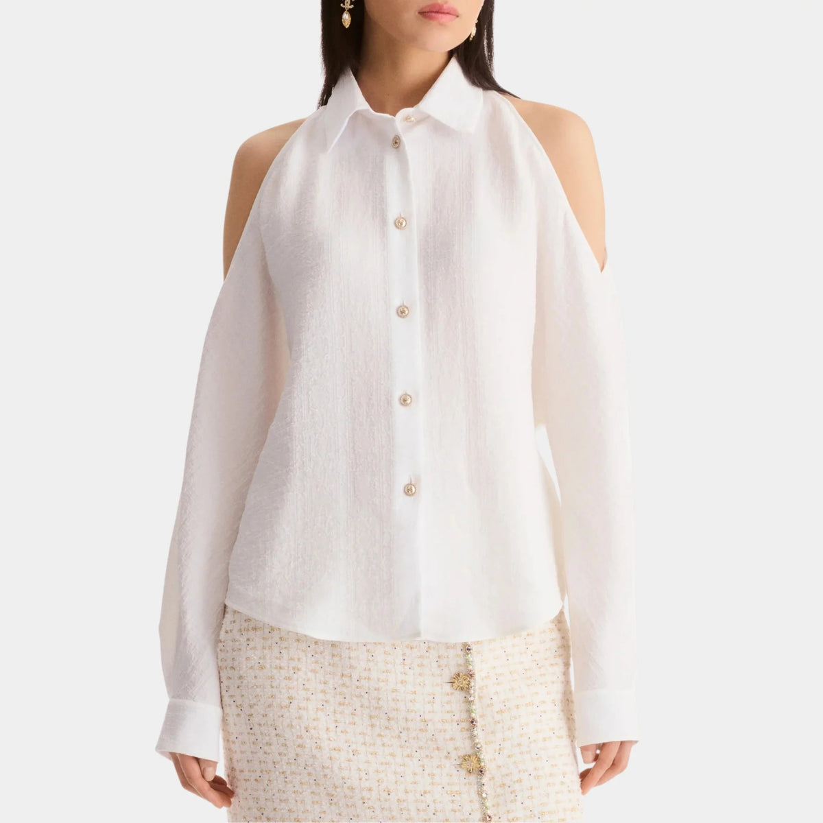 Long-sleeved Shirt in White Silk Jacquard