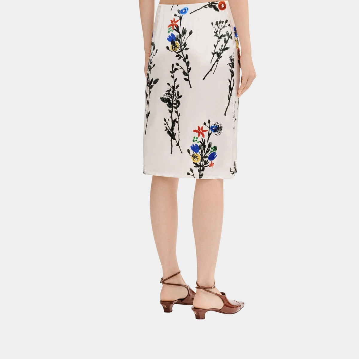 Midi Skirt in White Printed Silk Satin