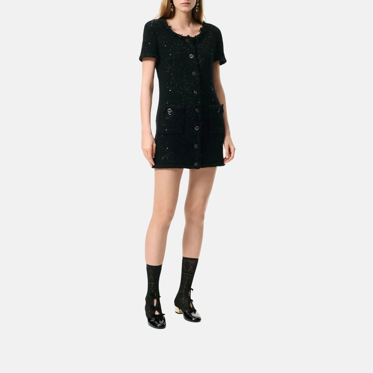 Short Dress Sequin Embroidered Cashmere And Woollen Tweed