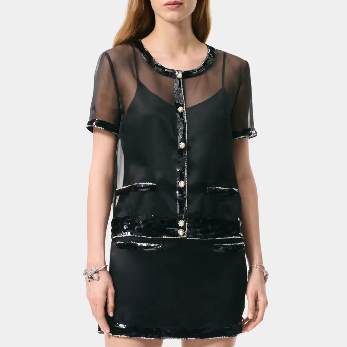 Short Sleeve Top Silk Organza Embroidered with Sequins