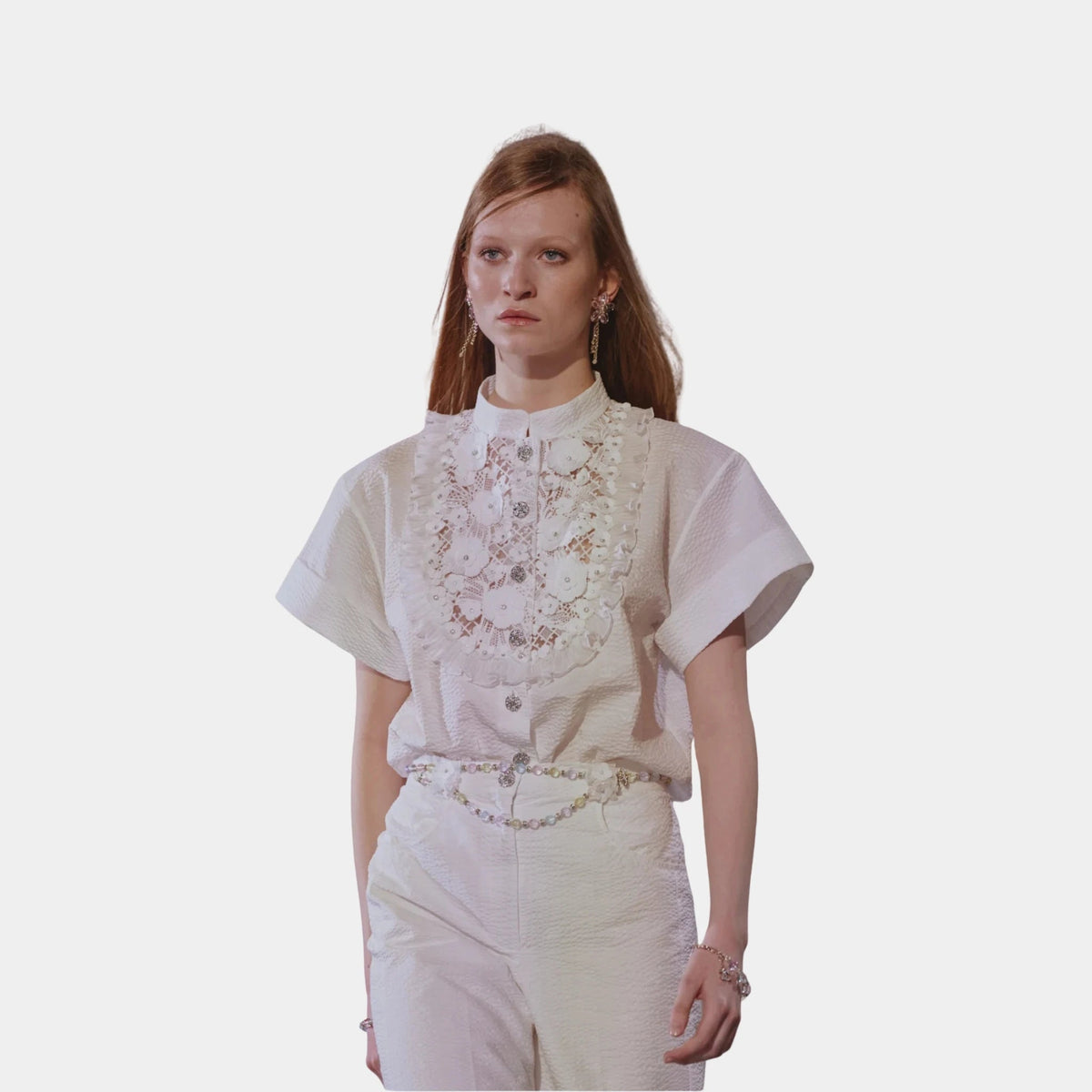 Short-sleeved Blouse in White Embroidered Cotton