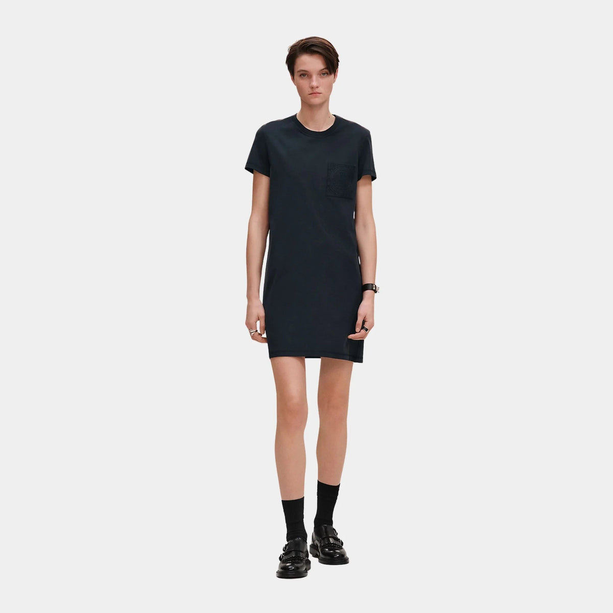 Embroidered Pocket Dress in Plain Cotton Jersey
