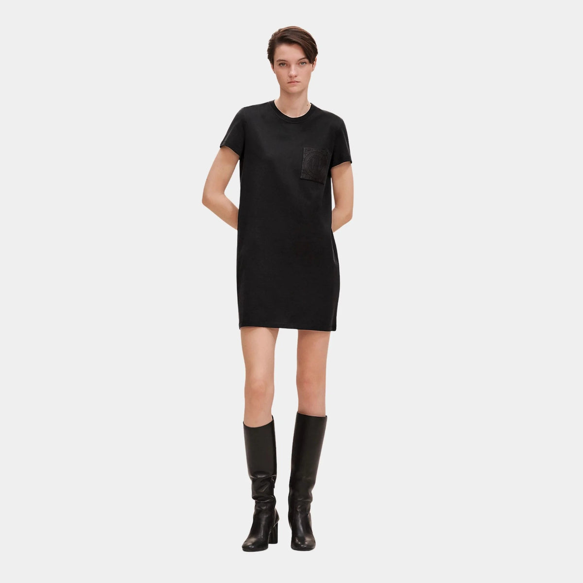 Embroidered Pocket Dress in Plain Cotton Jersey