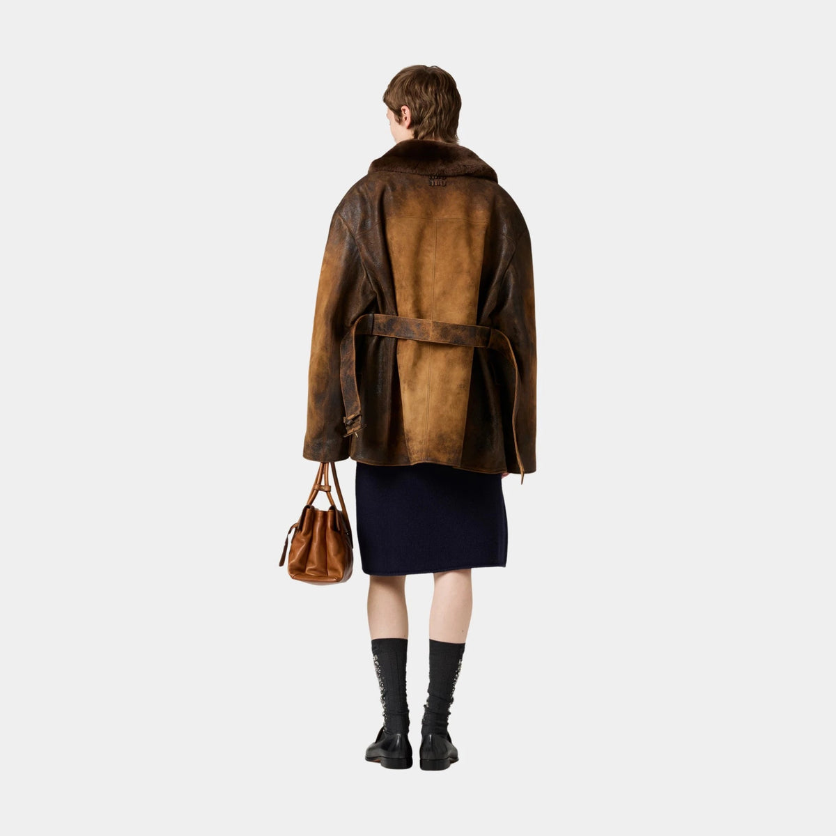 Double-breasted Waxed Lambskin Suede Caban Jacket