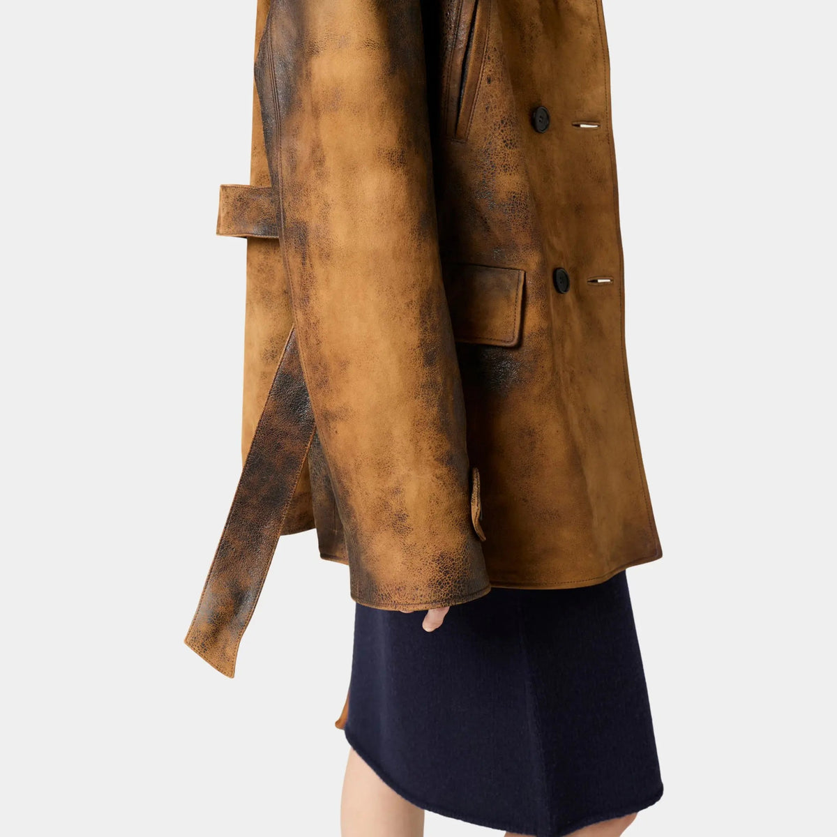 Double-breasted Waxed Lambskin Suede Caban Jacket