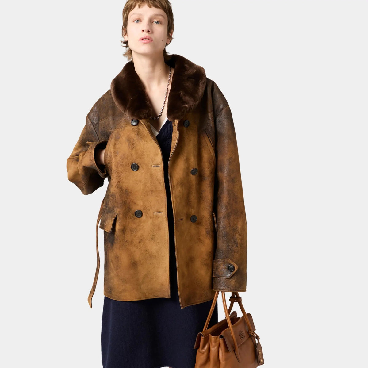 Double-breasted Waxed Lambskin Suede Caban Jacket