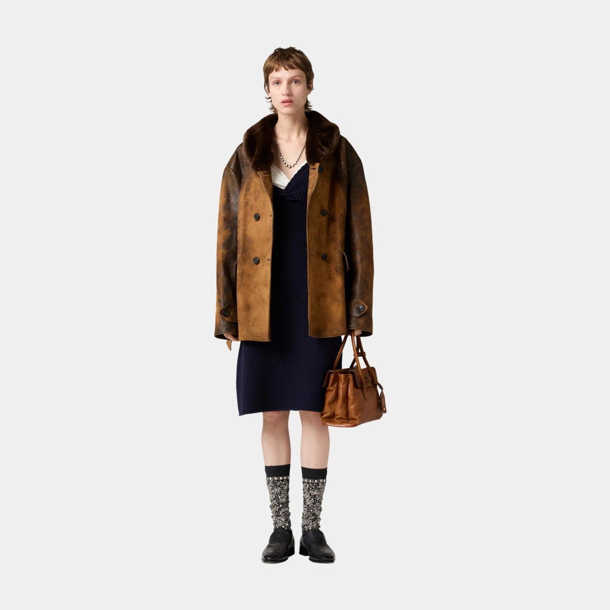 Double-breasted Waxed Lambskin Suede Caban Jacket
