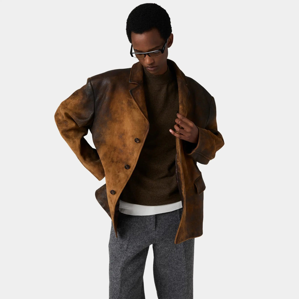 Waxed Suede Leather Buttoned Jacket